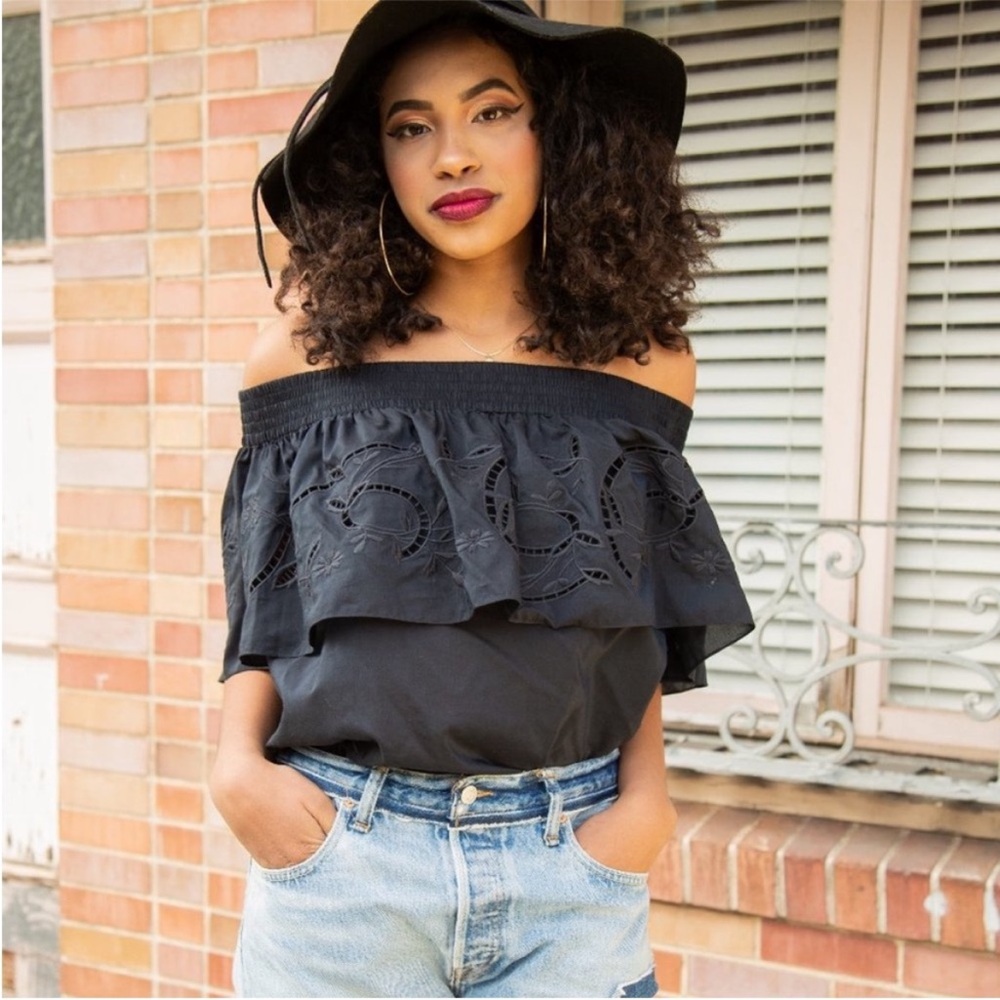 Tibi Silk/Cotton Carmen Off Shoulder Blouse Black Size S